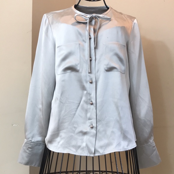 Talbots Pure Silk Gray/Silver Blouse with Faux Pearl Buttons - Picture 3 of 8